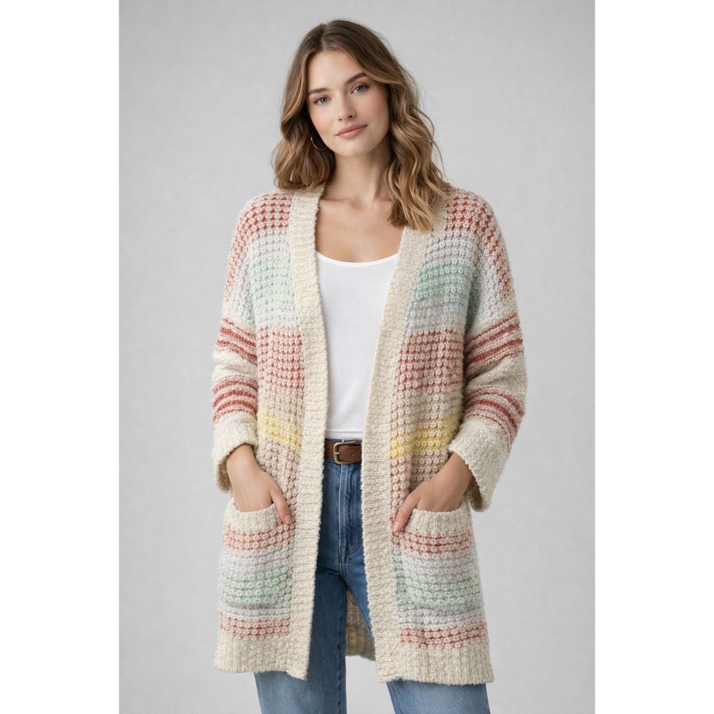 Hudson Gray Multi Color Striped Popcorn Knit Open Front Cardigan Sweater S/M‎
